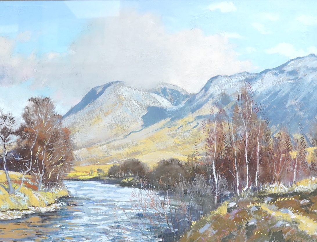 William Douglas Macleod (1892-1963), Mountainous riverscape, signed, details verso, pastel, 39 x 52cm